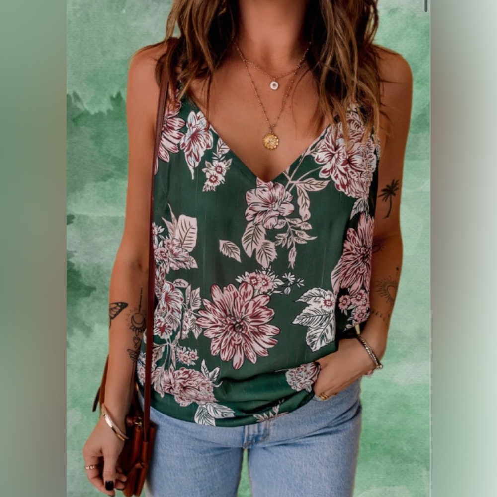 Dark Green Floral Print Spaghetti Strap Silky Tank